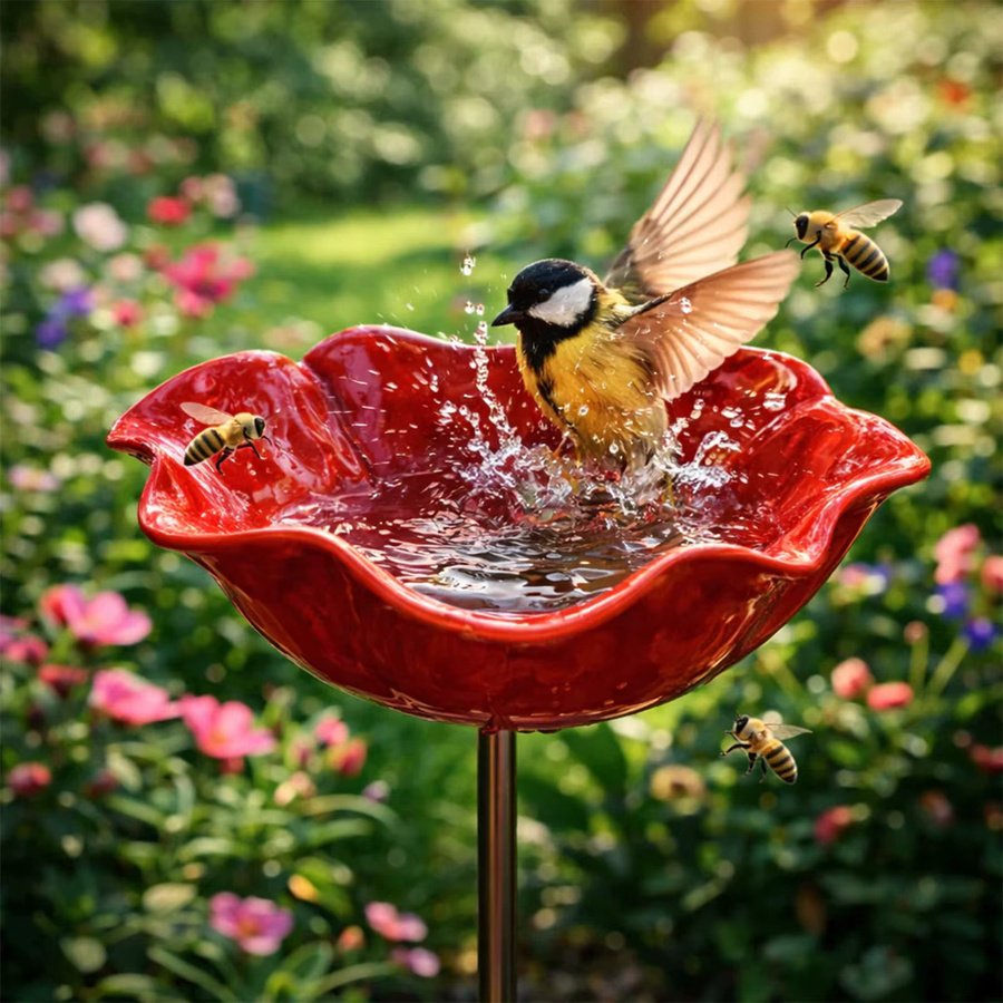 Bienen-Trinkwasserstation mit Blumendesign als Vogelbad und Schmetterlings-Wasserspender aus Metall in Rot, B/T/H: 60,0 x 15,0 x 15,0 cm - Bild 2