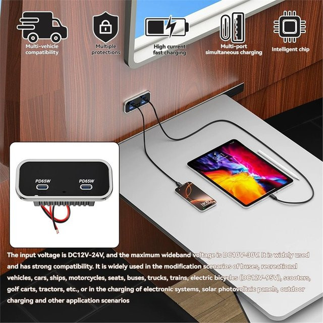 130W Auto-Ladegerät in Schwarz mit Dual 65W PD3.0 USB-C Anschlüssen für 12V/24V Wohnmobile, Boote, LKWs und Busse - Bild 1