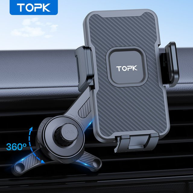 TOPK Autotelefonhalterung mit 3-Punkt-Unterstützungsdesign, 360 Grad drehbarer und ausziehbarer Arm mit Metallhaken in Schwarz - Bild 1