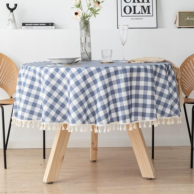 Runde Tischdecke von Super Six aus Baumwoll-Leinen-Mischung mit Karomuster in Blau, wasserabweisend und hitzebeständig, Durchmesser: 120 cm - Bild 1