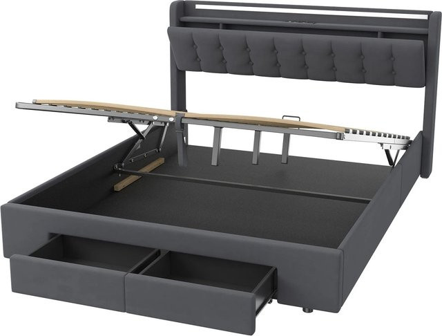 okwish Polsterbett mit Bettkasten und LED-Licht in Grau, inklusive USB-Ladeport und Matratze, B/T/H: 160 x 200 x 151 cm - Bild 1