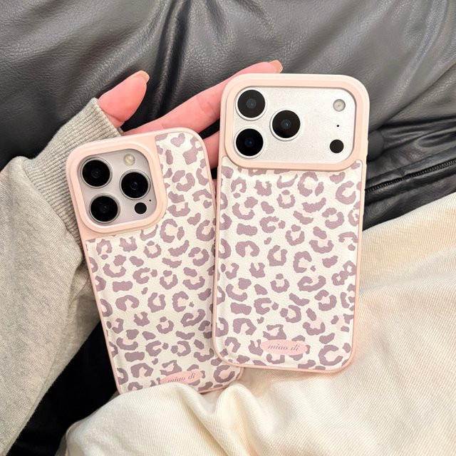 Rosa Schutzhülle mit Leopardenmuster aus Kunstleder für iPhone 17 Pro, 16, 15, 14 und 13 Pro Max mit matter Textur - Bild 1