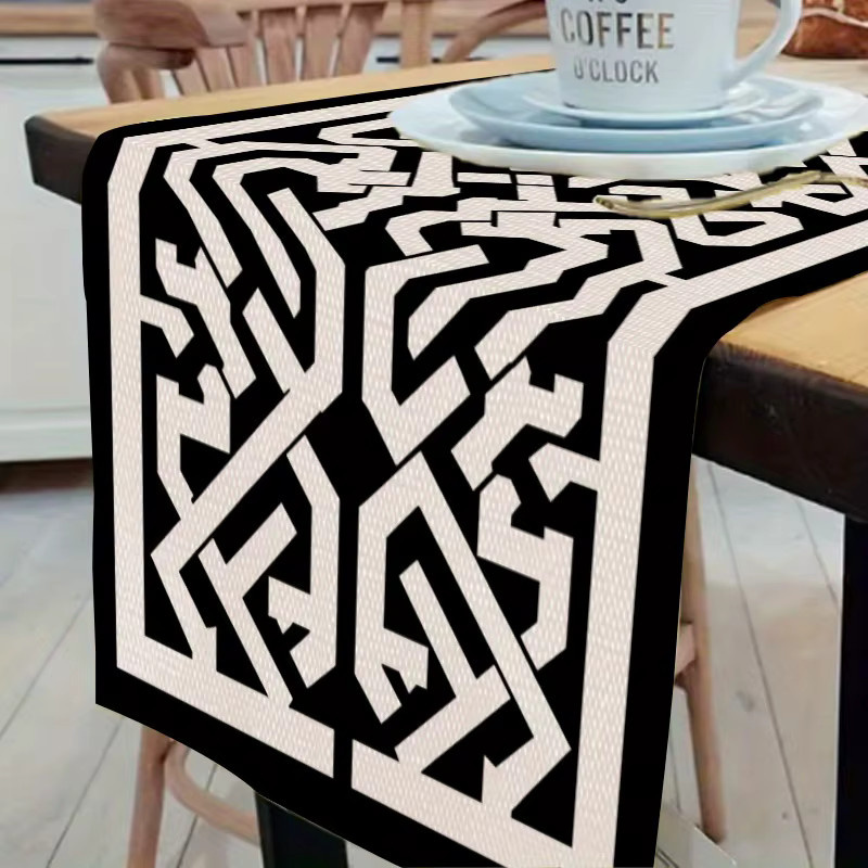 VIKAMA Tischläufer mit geometrischer arabischer Kalligrafie in Schwarz-Weiß, modernes Leinen-Design für deine Tischdekoration - Bild 4