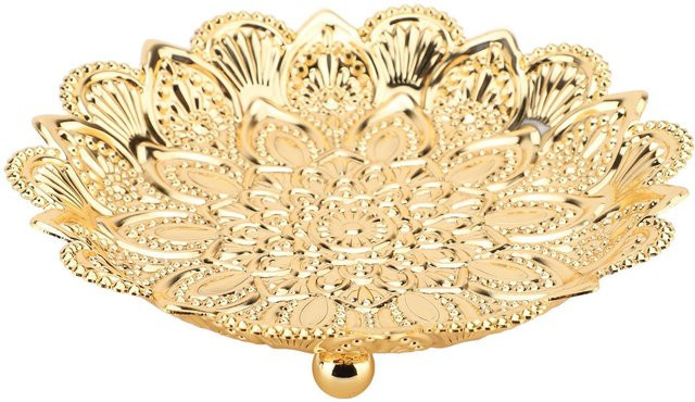 Türkisches Serviertablett aus Metall in Beige und Gold mit rundem Blumenmuster und geprägtem Retro-Design, Durchmesser: 14 cm - Bild 1