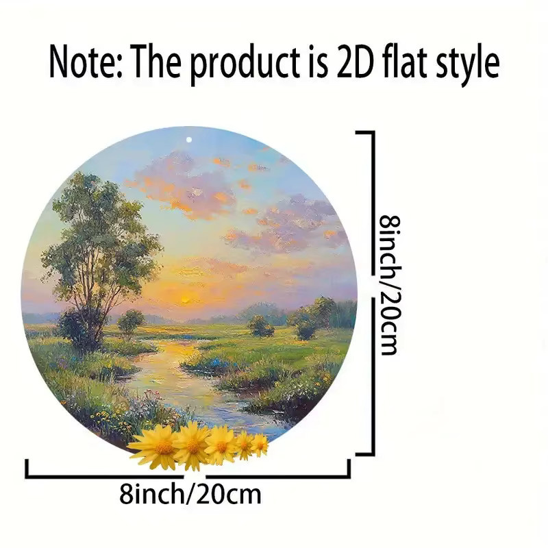 Rundes Metall-Wandkunstschild von Potdemiel mit Sonnenuntergang-Flusslandschaft im rustikalen Vintage-Stil, Durchmesser: 20,3 cm, Mehrfarbig - Bild 2