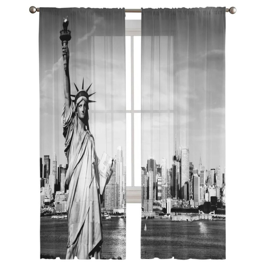 Yiran Furniture Transparentes Tüll-Fenstervorhang Freiheitsstatue in Schwarz und Weiß, Organza Voile Vorhang mit Ösen, Breite: 135 cm, Höhe: 115 cm - Bild 2