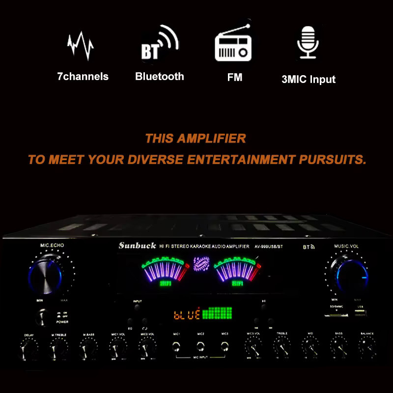 WAPUNO Bluetooth HiFi-Digital-Stereo-Verstärker AV-555BT/999BT in Schwarz mit zwei dynamischen Bildschirmen und max. 4000W für Heimkino, Auto und Karaoke - Bild 2