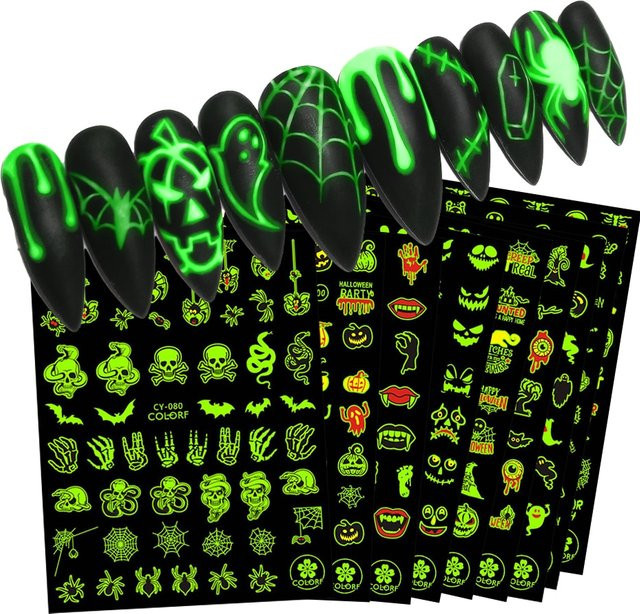 Halloween Nail Art Aufkleber Set, 9 Stück, leuchtend im Dunkeln - Bild 1