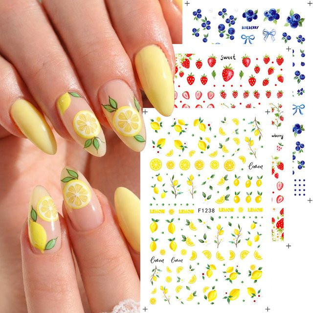 3 Stück 3D Sommerfrucht-Nagelkunst-Aufkleber, Zitronen, Erdbeeren, Blaubeeren, Glänzend, Unisex - Bild 1