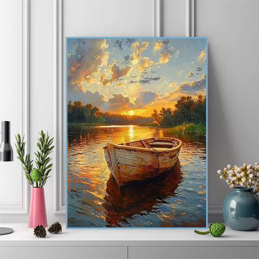 Momoart DIY Diamant-Stickerei Boot-Landschaftsmalerei mit Sonnenuntergang als Mosaik-Set für Erwachsene und Anfänger, Mehrfarbig, B/H: 30 x 30 cm - Bild 3