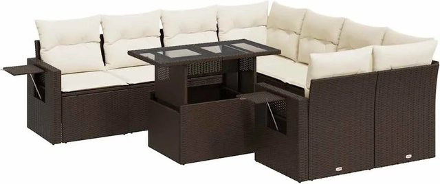vidaXL 9-teilige Garten-Sofagarnitur aus braunem Poly-Rattan mit Kissen und Glastisch - Bild 1