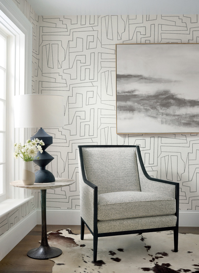 Thibaut Wallpaper Matrix Vlies Tapete mit abstraktem geometrischem Design in Schwarz auf Beige und Grau - Bild 1