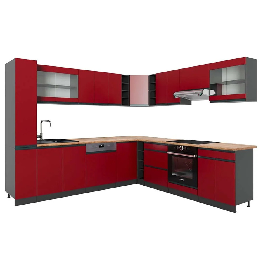 Vicco R-Line Eckküche J-Shape in Rot und Anthrazit mit Eiche-Optik, Breite: 257 cm, Tiefe: 277 cm - Bild 2