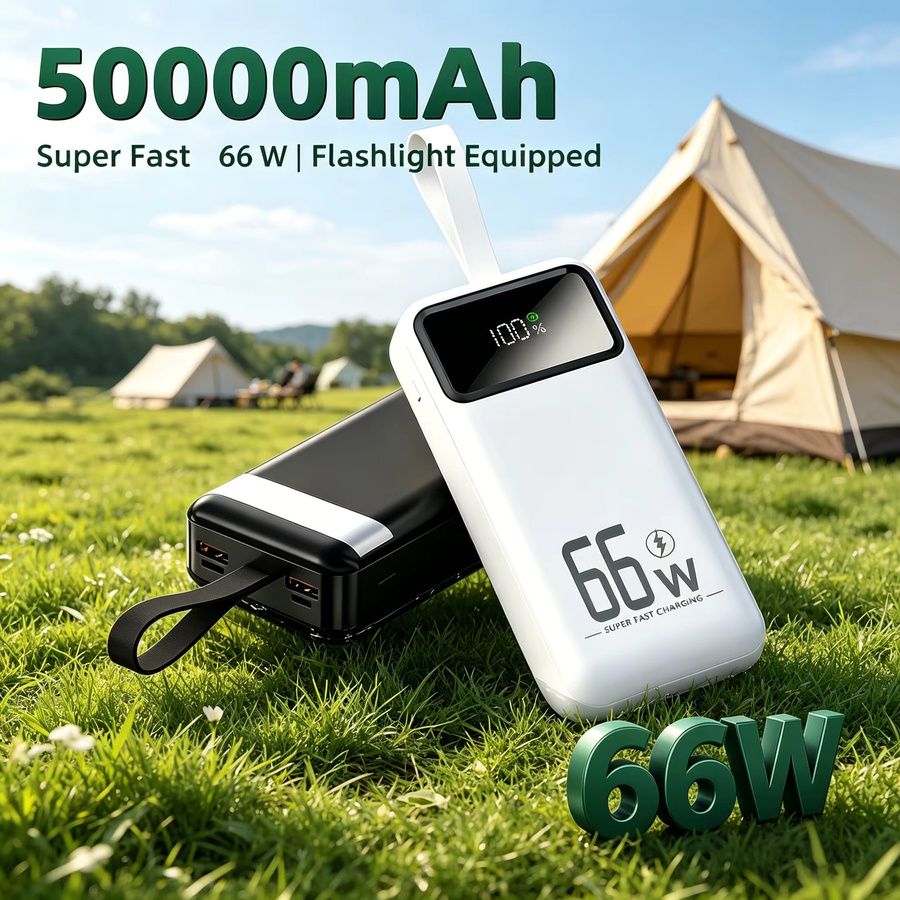 Tragbare 50000-mAh-Powerbank in Weiß mit LED-Leistungsanzeige, integrierter Beleuchtung und mehreren Schnittstellen zum gleichzeitigen Laden verschiedener Geräte - Bild 2