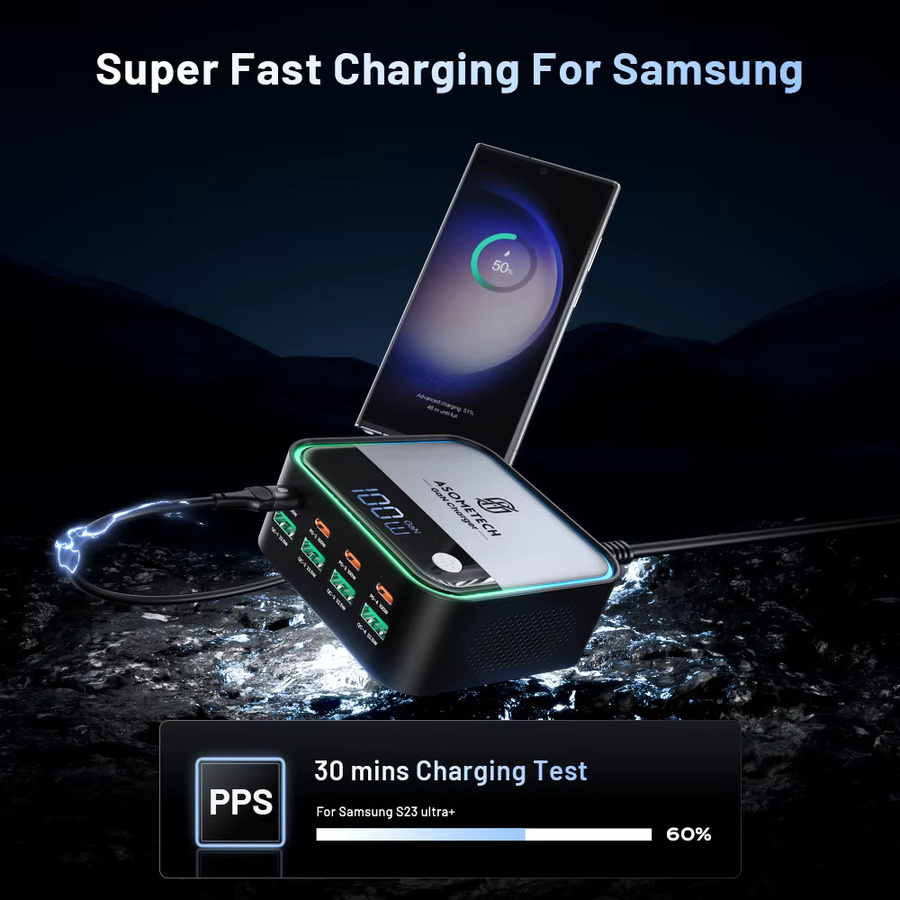 ASOMETECH 8-Port GaN USB C Schnellladegerät mit LED-Anzeige, 100 W PD Ladestation in Schwarz für iPhone 15, Samsung und MacBook - Bild 4