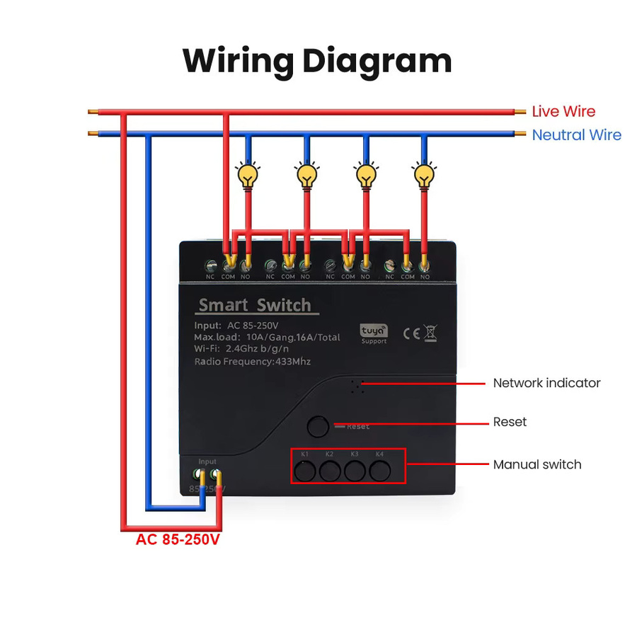 Tuya WiFi Smart Home Lichtschaltermodul mit 4-Kanal-Trockenkontakt-Empfänger und RF433 Fernbedienungsteuerung - Bild 4