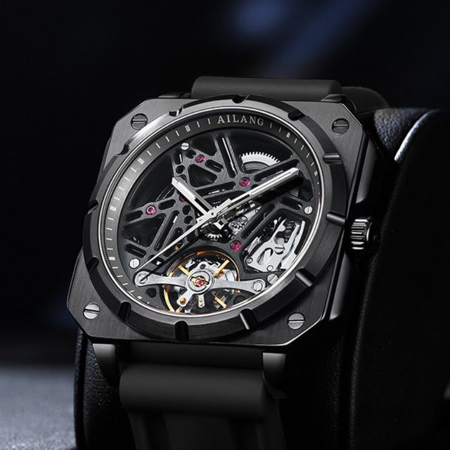 Ailang Armbanduhr Automatik, eckiges Gehäuse, Silikon, Schwarz, Herren - Bild 1