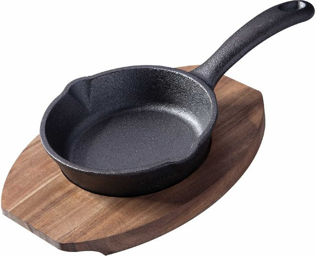 Fackelmann Grillpfännchen aus Gusseisen mit Holzbrett, rund, Durchmesser: 12 cm, Schwarz - Bild 1
