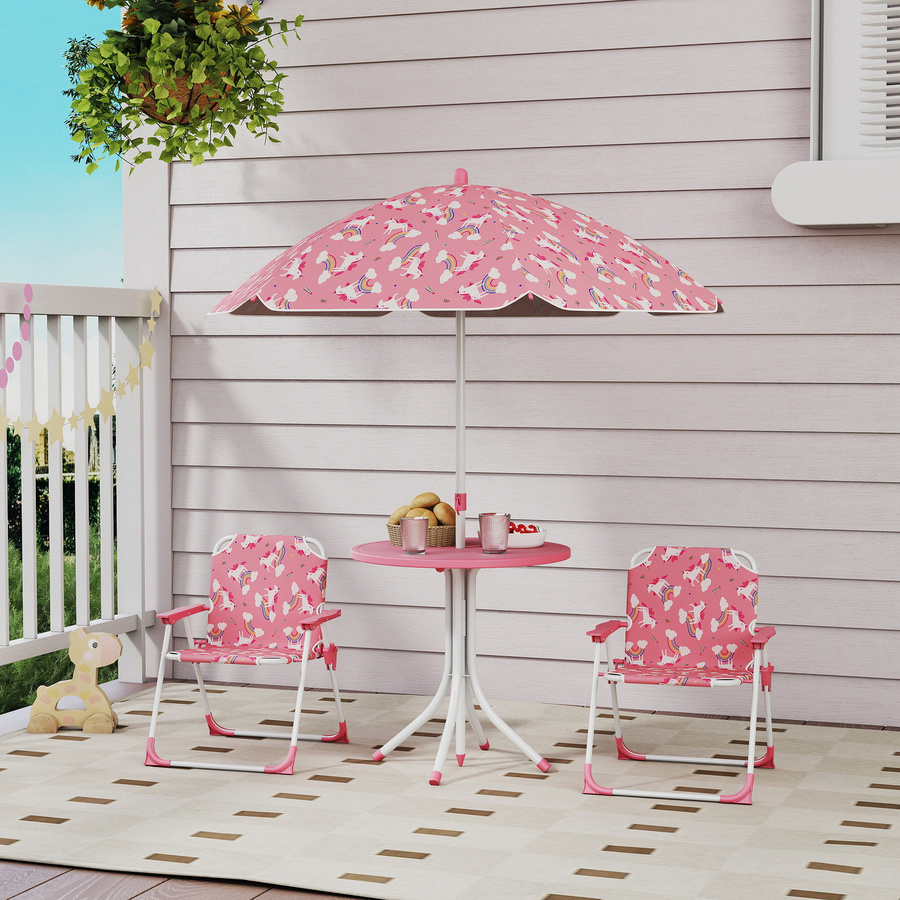 AIYAPLAY Kindersitzgruppe mit Sonnenschirm und 2 Klappstühlen, höhenverstellbare Kindersitzgarnitur für Garten und Strand, Rosa - Bild 2