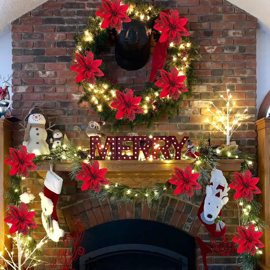 Joy-enlife Weihnachtsblumen als Baumschmuck in Rot und Silber mit Glitter-Effekt - Bild 2