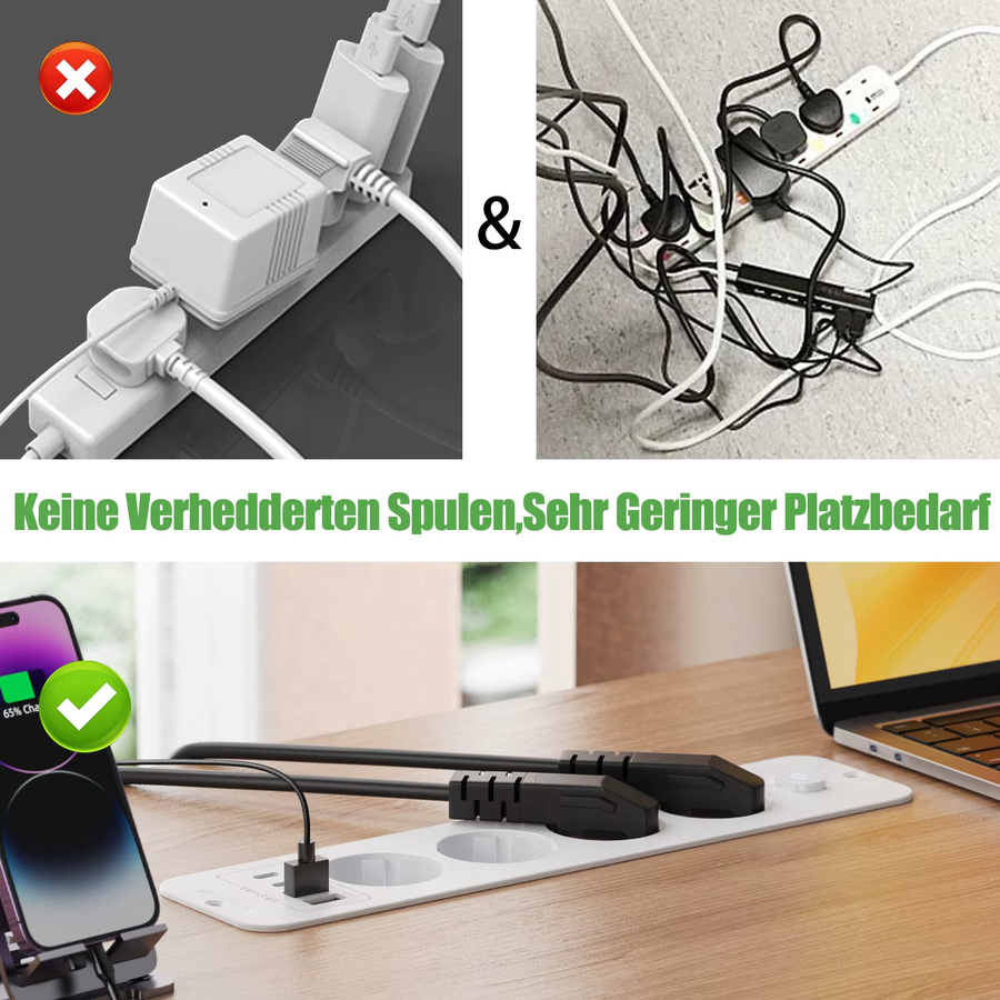 HITRENDS Desktop-Einbau-Steckdosenleiste in Weiß mit 4 oder 6 AC-Steckdosen, 2 USB-A und 2 USB-C Anschlüssen sowie Hauptschalter und 2m Verlängerungskabel - Bild 3