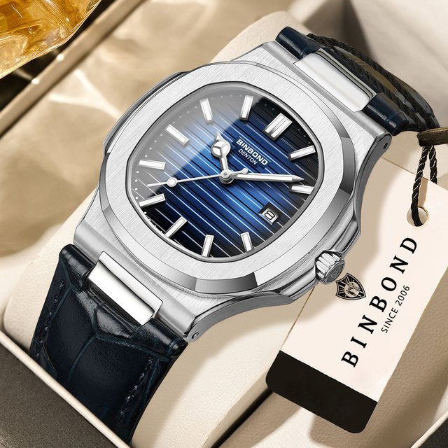BINBOND Armbanduhr Quarz, Tonneau, Edelstahl, Blau, Lederarmband, Herren - Bild 1