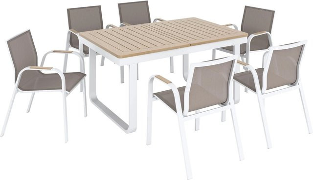 7-teilige Esstischgruppe Butterfield aus Aluminium mit ausziehbarer Tischplatte in Weiß und Beige für Garten und Terrasse - Bild 1
