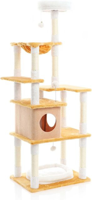 Fudajo Kratzbaum für Katzen in Weiß-Braun mit Höhle und Spielzeug aus Plüsch und Sisal, Höhe: 164 cm - Bild 1
