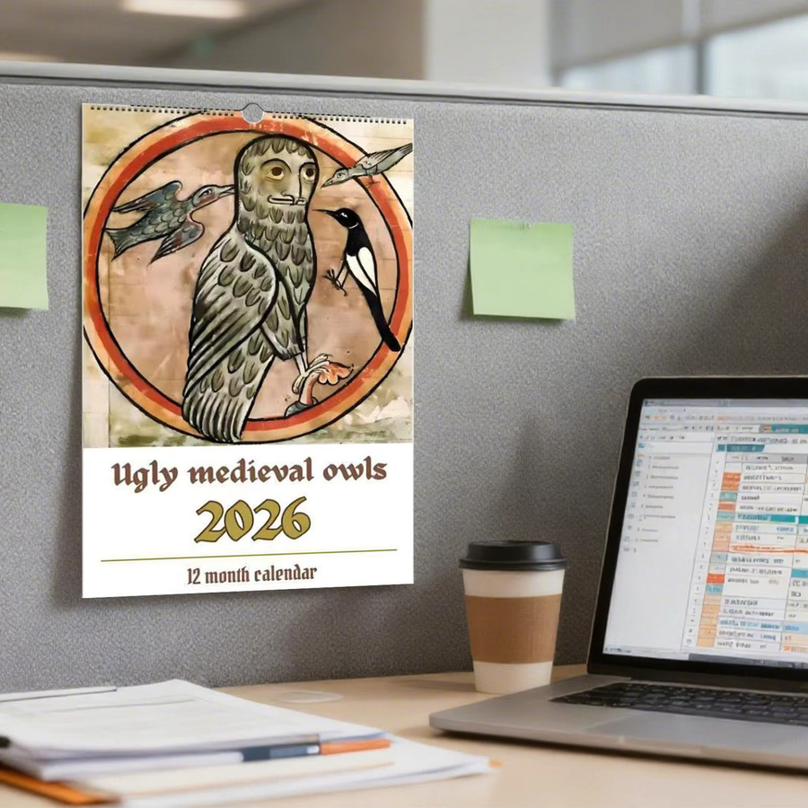 Wandkalender 2026 mit mittelalterlichen Eulen Motiven, monatlicher Zeitplaner in Mehrfarbig - Bild 4