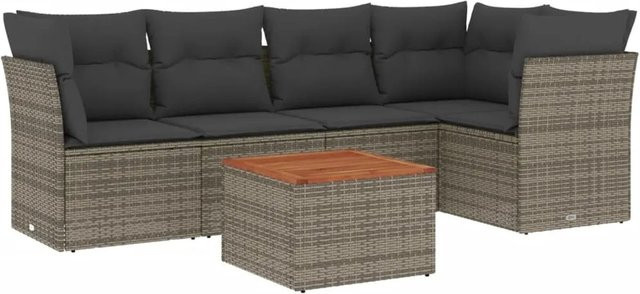 vidaXL 6-teilige Garten-Sofagarnitur in L-Form aus grauem Poly-Rattan mit Kissen und Tisch - Bild 1