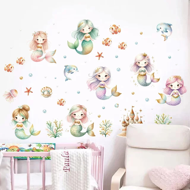 BRUP Meerjungfrau Wandaufkleber im Cartoon-Design für Kinderzimmer und Schlafzimmer, mehrfarbig - Bild 1