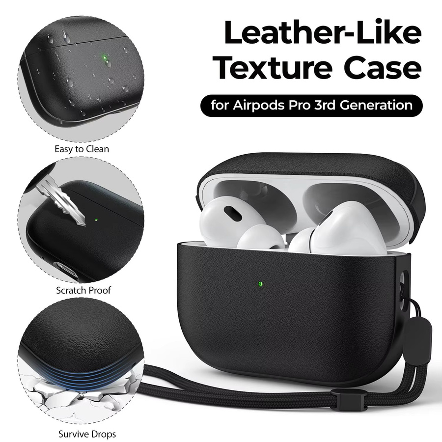 Leder Schutzhülle für Apple AirPods Pro 3 mit Lanyard in Schwarz oder Grün - Bild 3