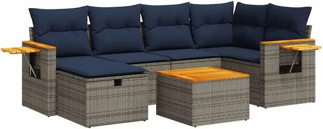 vidaXL 7-tlg Garten-Sofagarnitur in L-Form aus grauem Poly-Rattan mit Kissen und pulverbeschichtetem Stahlgestell - Bild 1