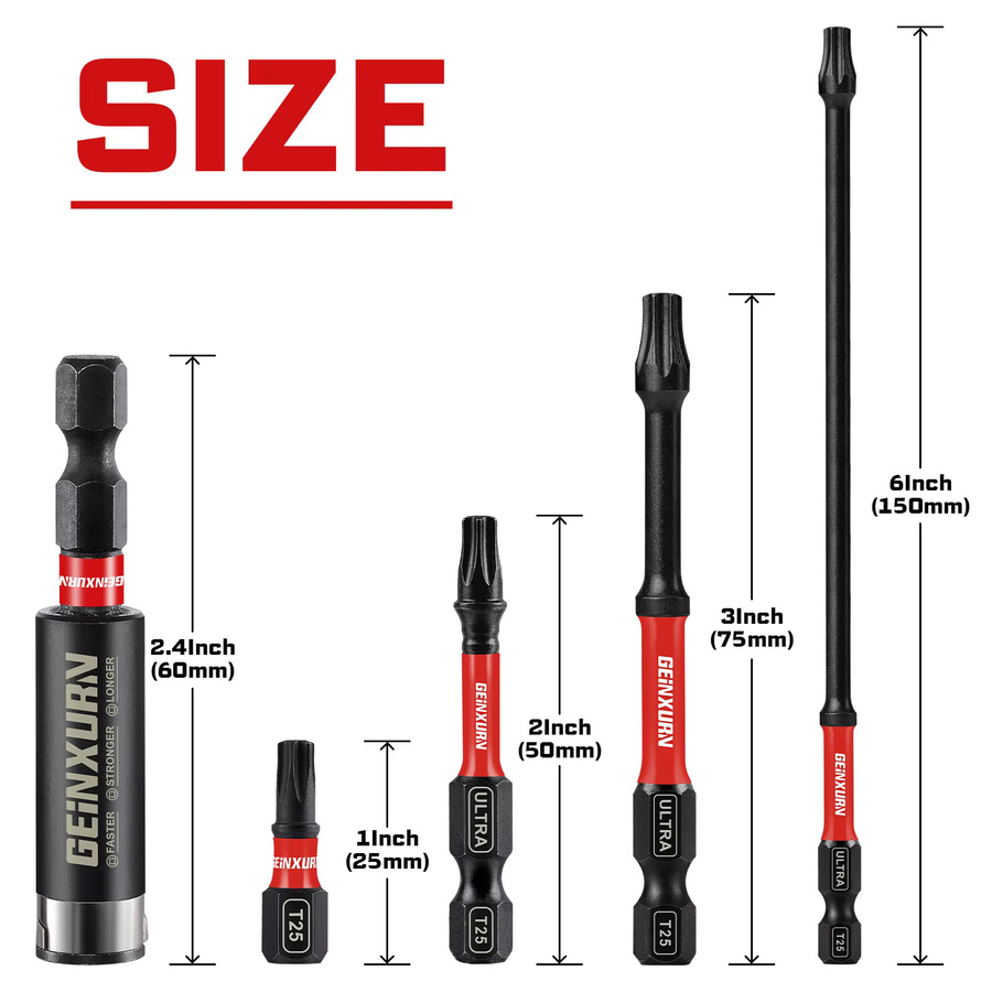 Geinxurn Magnetisches Power-Bit-Set mit 25 Lagen S2-Stern-Torx-Bits und Bithalter in den Größen 1/2/3/6 Zoll - Bild 2