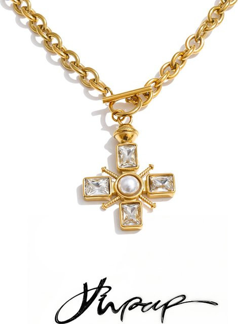 Yhpup Halskette Edelstahl, Perle, Zirkonia, Gold, Unisex - Bild 1