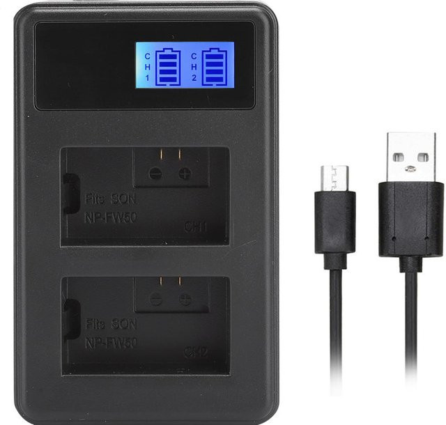 SEIVI Tragbares LCD-Akkuladegerät mit Doppelsteckplatz und elektrischer Mengenanzeige für Sony NP FW50, Schwarz - Bild 1