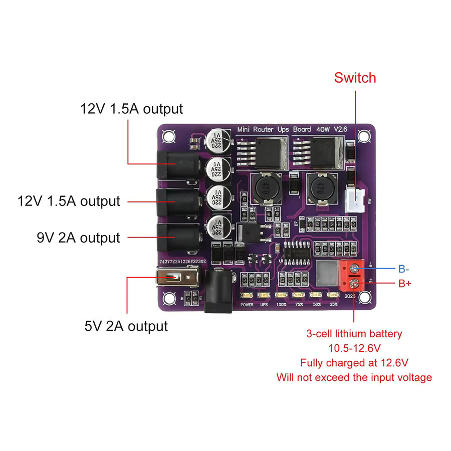 diymore 40W Mini-Router-UPS-Platine DC 12,6V zu 13,0V Aufwärts-/Abwärtswandler Buck-Konverter Stromversorgungsmodul in Purple - Bild 4
