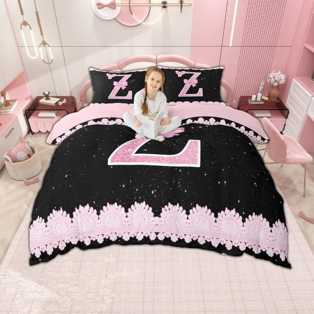 Homewish Bettwäsche-Set mit personalisierten Initialen für Mädchen in Schwarz und Rosa, 3-teilig, B x H: 135 x 200 cm - Bild 1