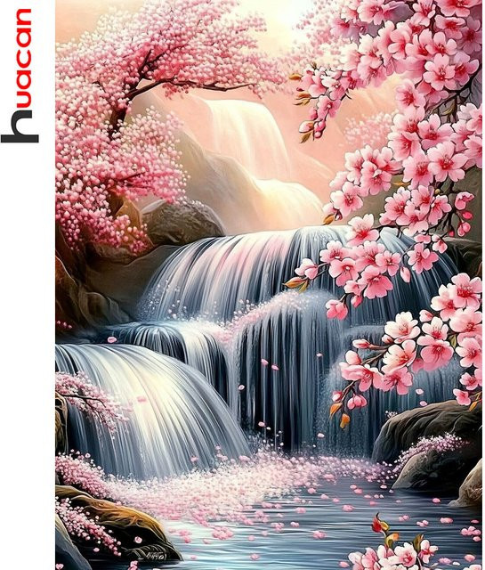 Huacan Diamant-Stickerei-Set Wasserfall-Landschaft in Mehrfarbig, runde Wanddekoration als Diamant-Mosaik-Kunstmalerei, B/H: 30 x 30 cm - Bild 1