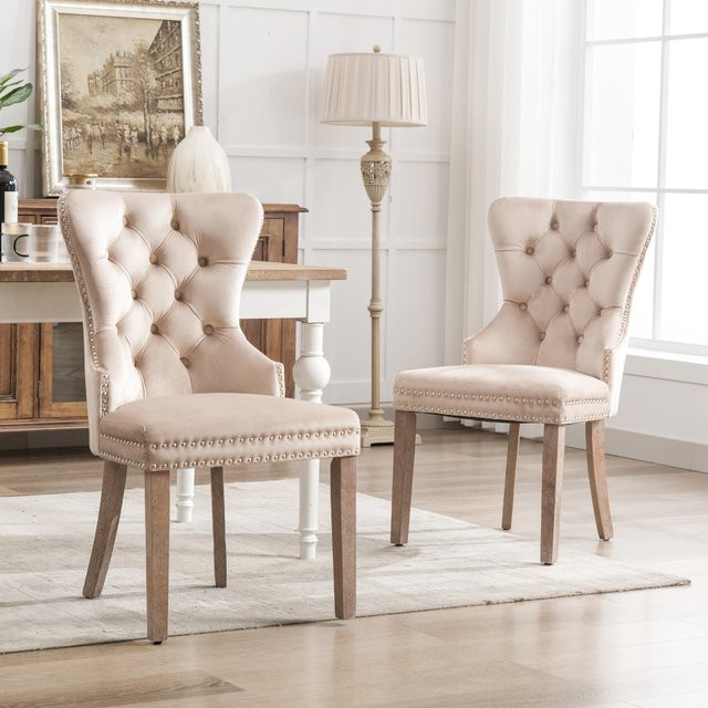 Rosahqnda Esszimmerstuhl Set mit 2 Stück, beige getuftete Küchenstühle aus Samt mit Holzbeinen - Bild 1