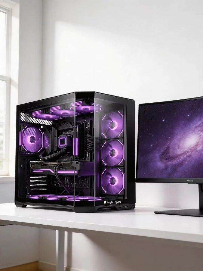 AS-01 ATX Desktop-Computergehäuse in Schwarz mit gehärteten Glas-Seiten- und Vorderwänden und 5 Festplattenslots für ITX, MATX und EATX Motherboards - Bild 8