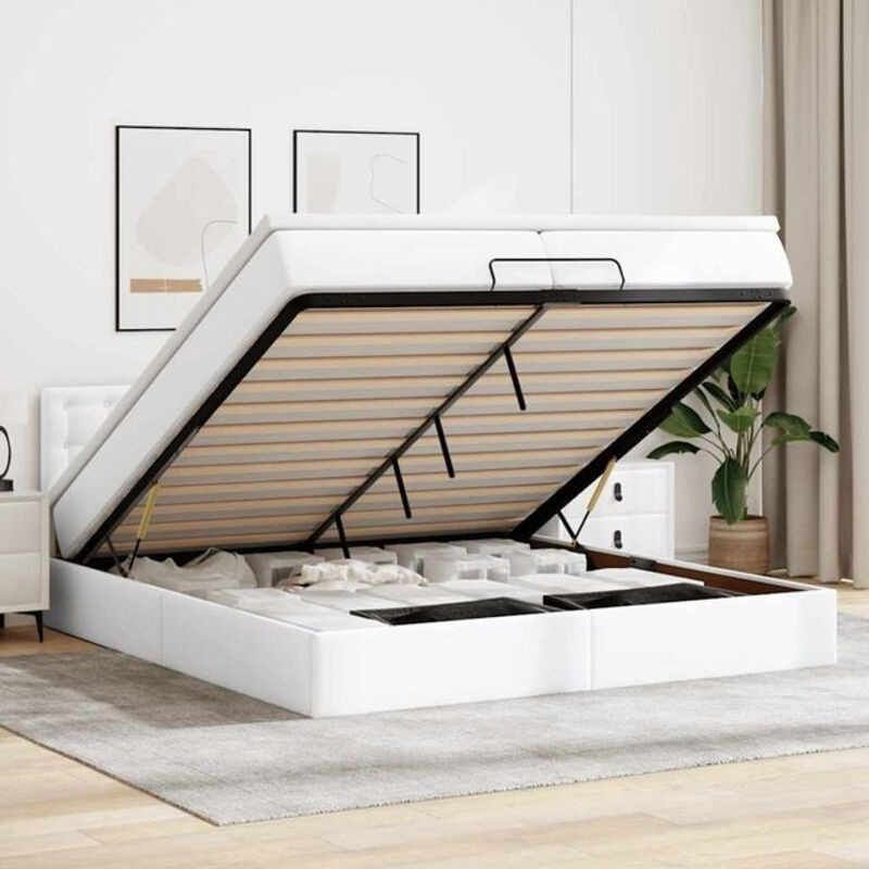 vidaxl Ottoman Polsterbett mit Matratzen und LED in Weiß aus Kunstleder B/T/H: 200 x 203 x 88 cm - Bild 1