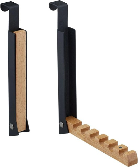 Relaxdays Türgarderobe 2er Set aus Metall und Holz in Schwarz, klappbar, B/H/T: 21 x 18 x 2,5 cm - Bild 1