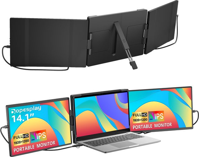 Dopesplay Triple Tragbarer Monitor für Laptop 14,1 Zoll FHD IPS Extender Bildschirm mit USB-C, Schwarz - Bild 1