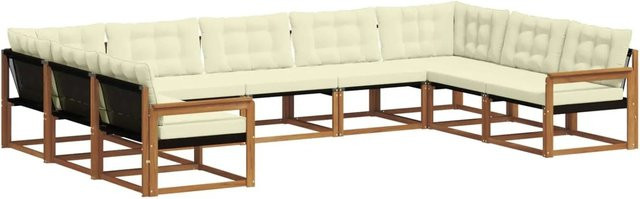 vidaXL Outdoor-Sofagarnitur 9-teilig aus massivem Akazienholz mit Textilene und Kissen in Natur und Creme - Bild 1