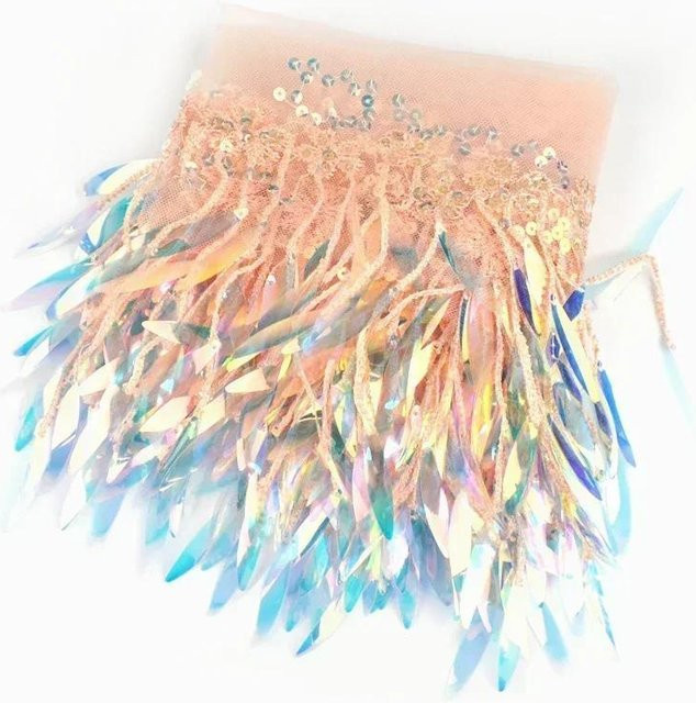 Netz mit Quasten, Fransen und Pailletten als Spitzenbesatz für Kleider und DIY-Nähzubehör in Champagner und Beige - Bild 1