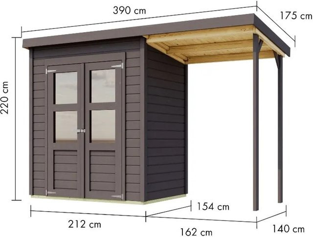 Karibu Gartenhaus Merseburg mit Anbaudach in Dunkelgrau, modernes Holzgartenhaus mit Doppeldoor und Pultdach - Bild 1