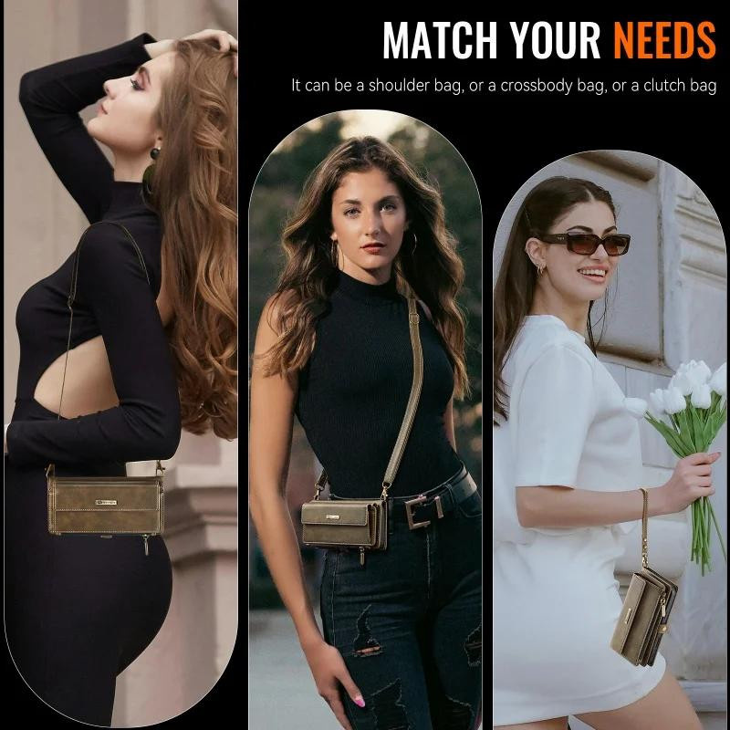CaseMe Crossbody Handyhülle aus Leder mit Lanyard und Reißverschluss Geldbörse für iPhone Modelle in Schwarz, Braun, Lila oder Rosa - Bild 2