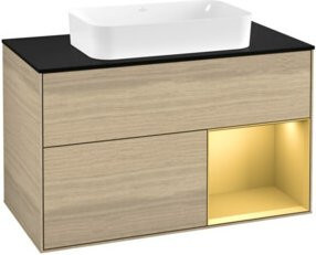 Villeroy & Boch Finion Waschtischunterschrank mit Abdeckplatte in Oak Veneer und Regalelement in Gold matt, B: 100 cm, T: 50,1 cm - Bild 1