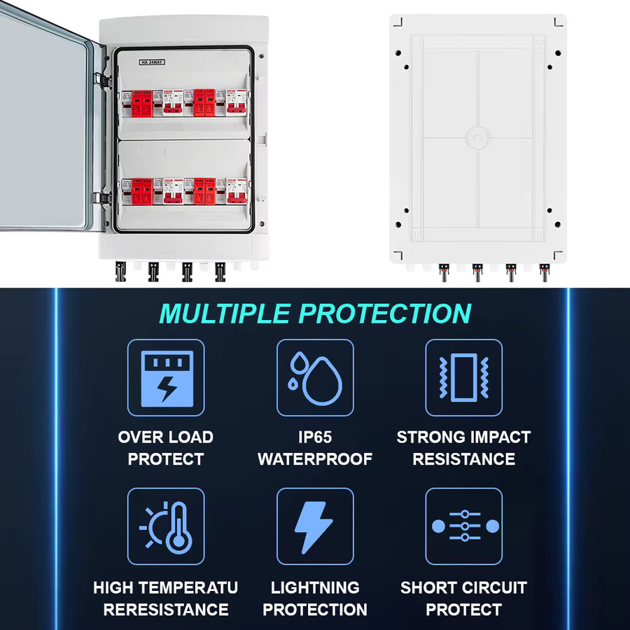 EARU Solar Photovoltaik PV Kombiniererbox mit 4 Eingängen und 4 Ausgängen, DC 500V, Überspannungs- und Blitzschutz, DC-Sicherung, MCB, SPD, wasserdichte IP65 Box, Farbe: Weiß, B/T/H: 45,5 x 29,5 x 13,0 cm - Bild 4